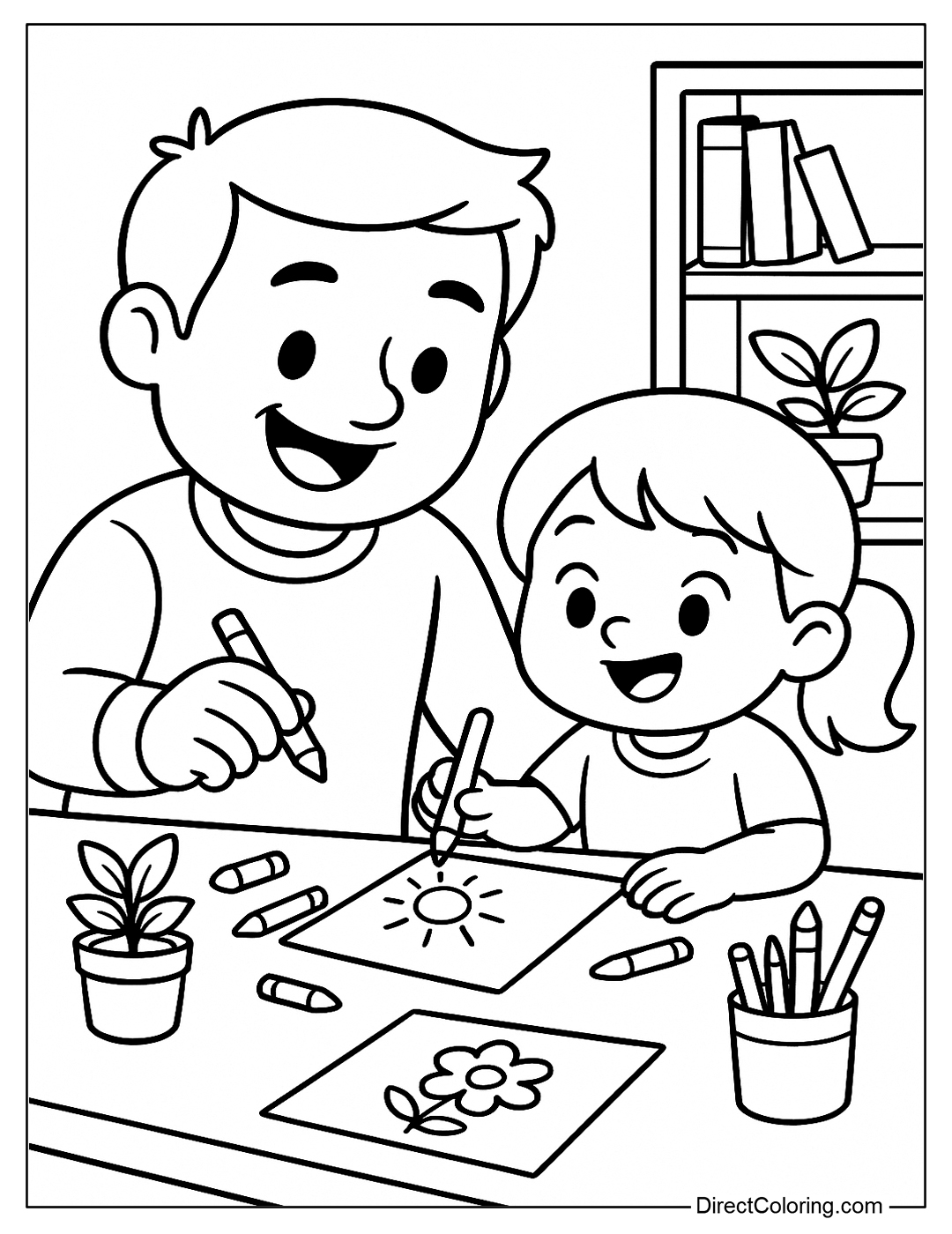 Coloring page of father and child drawing together on the study table